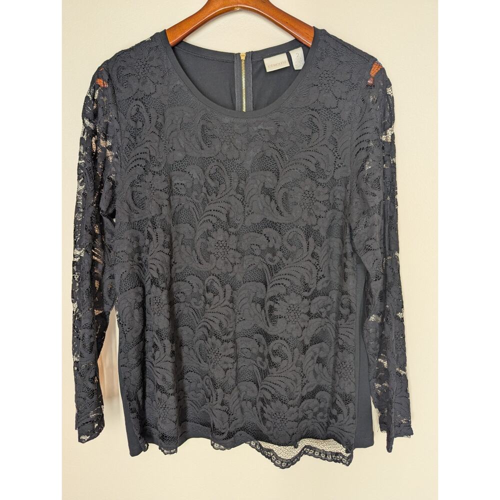 CHICOS Black Lace Blouse Size 2 (M)Lined Body Sheer Sleeves Stretch Scoop Neck